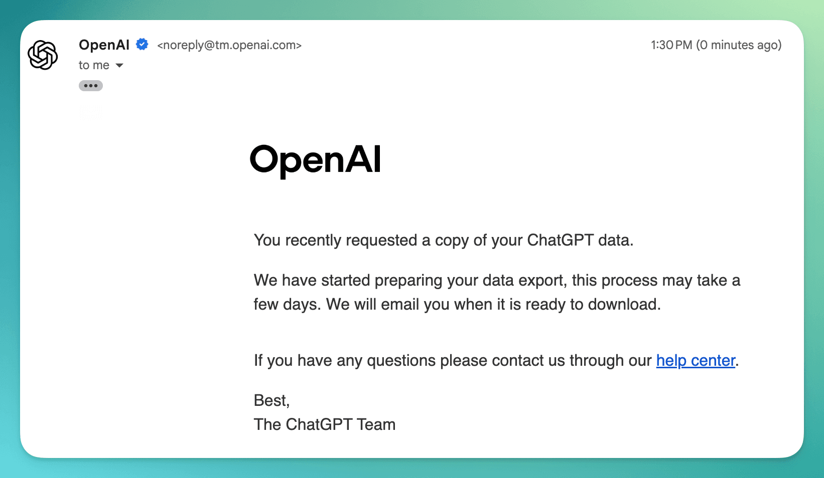 OpenAIのデータエクスポート確認メール — 「データのエクスポートの準備を開始しました。この処理には数日かかる場合があります。」