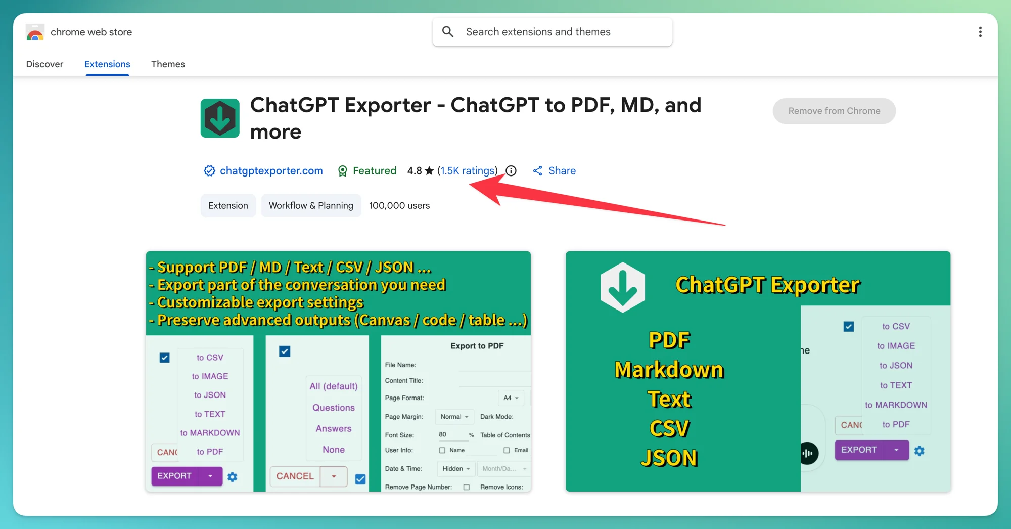 ChatGPT 匯出器 在 Chrome 線上應用程式商店的頁面,顯示 4.8/5 評分、1.5K 則評價和 100,000 位使用者
