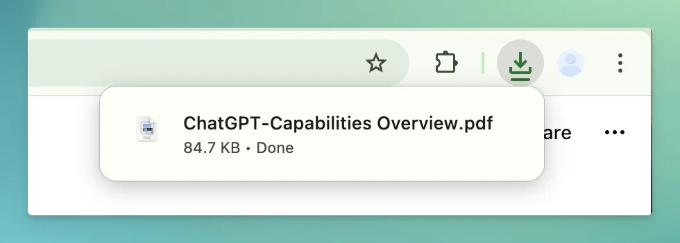 Notificación de descarga del navegador mostrando el archivo exportado "ChatGPT-Capabilities Overview.pdf" de 84.7 KB, completado
