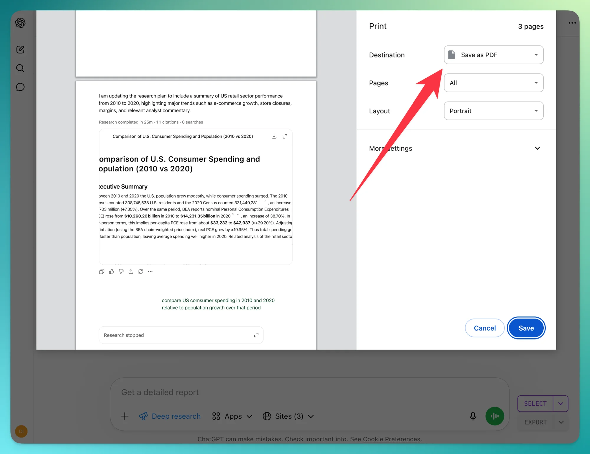 Diálogo de impresión del navegador con el destino configurado en Guardar como PDF