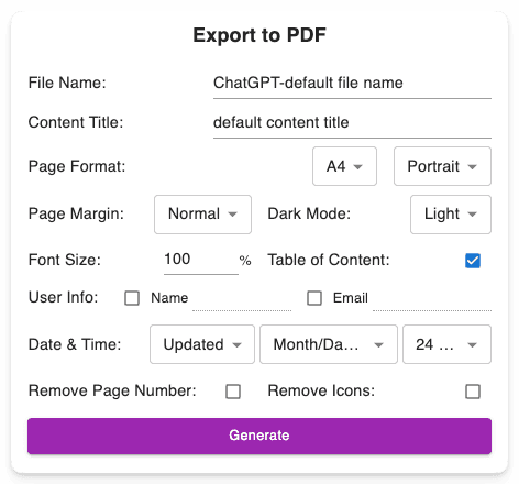 ChatGPT Exporter feature: customizable download file settings